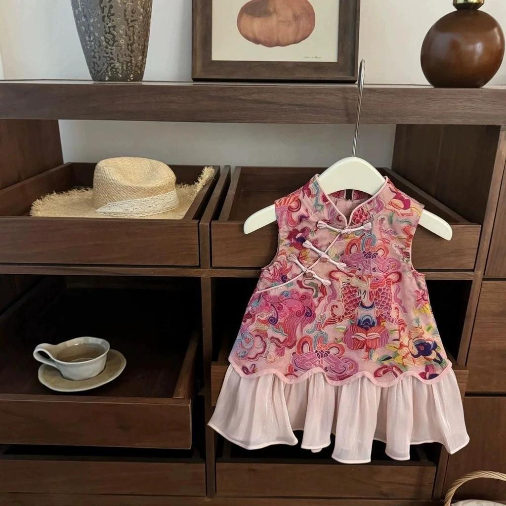 Vestito estivo da bambina, versione coreana, rosa, stile cinese, con ricami floreali e pizzo, senza maniche, per un dolce Cheongsam