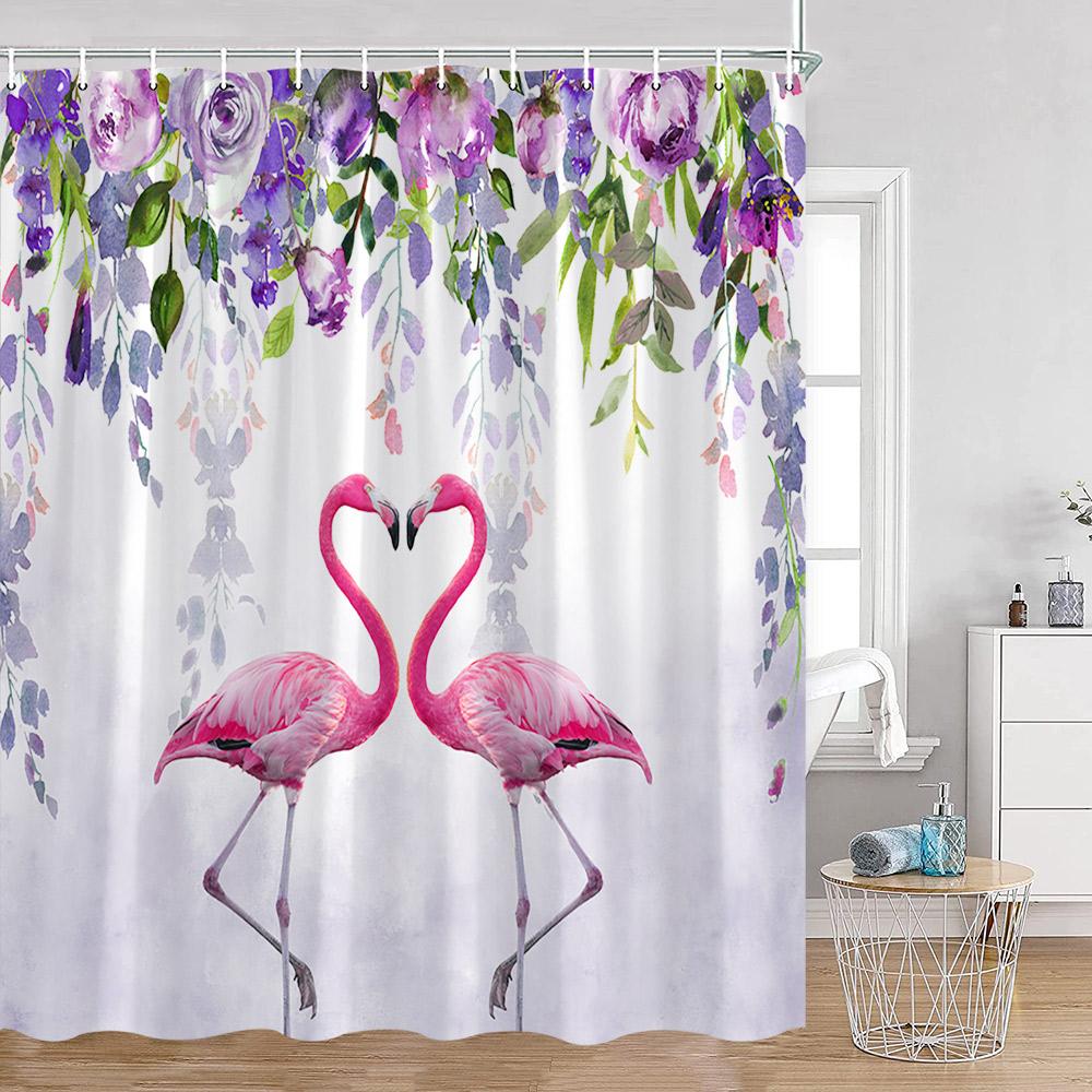 Flamingos Shower Curtains Tropical Leaves Pink Birds Green Plants Bathroom Curtain Polyester Fabric Home Decorations with Hooks