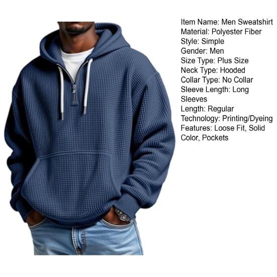 Herren Sweatshirt Waffelstoff Kapuzenpullover Einfarbig 1/4 Reißverschluss Pullover mit Vordertasche Herbst Winter Lässig Locker Sitzend Sportoberteile