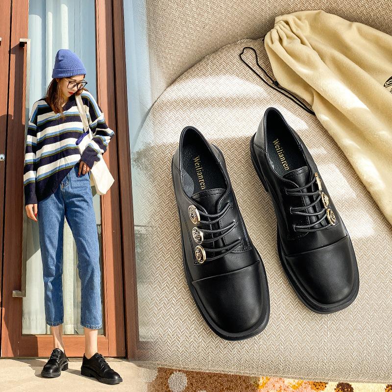 Sneakers Patchwork Leather Oxford Shoes Woman Thicken Soled Flats Medal Button Elastic Tied Loafers Femme Stiching Creepers