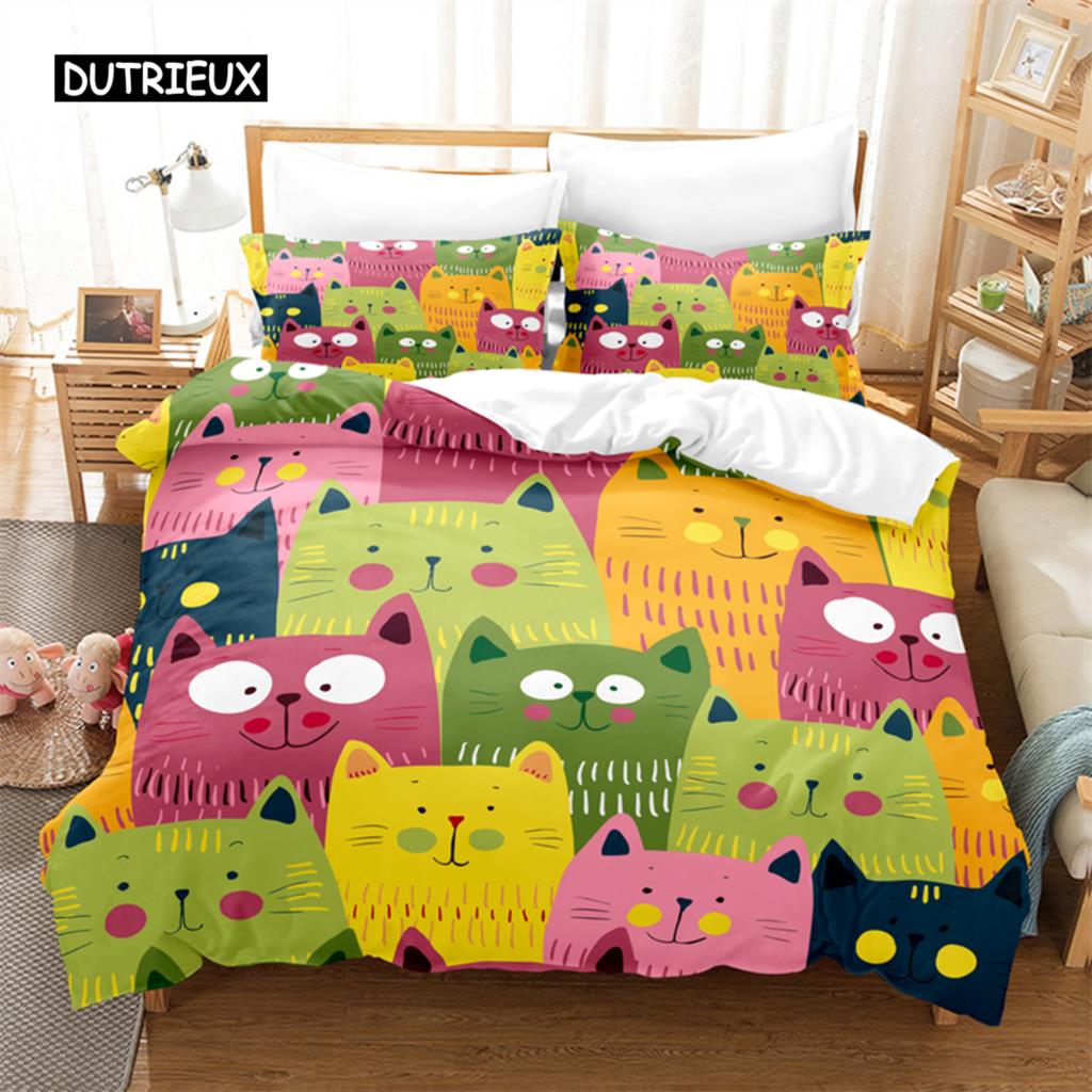 Kreslený dětský kočičí povlečení Sada povlaku na přikrývku 3D povlečení Digitální tisk Ložní prádlo Velikost Queen Sada povlečení Módní design