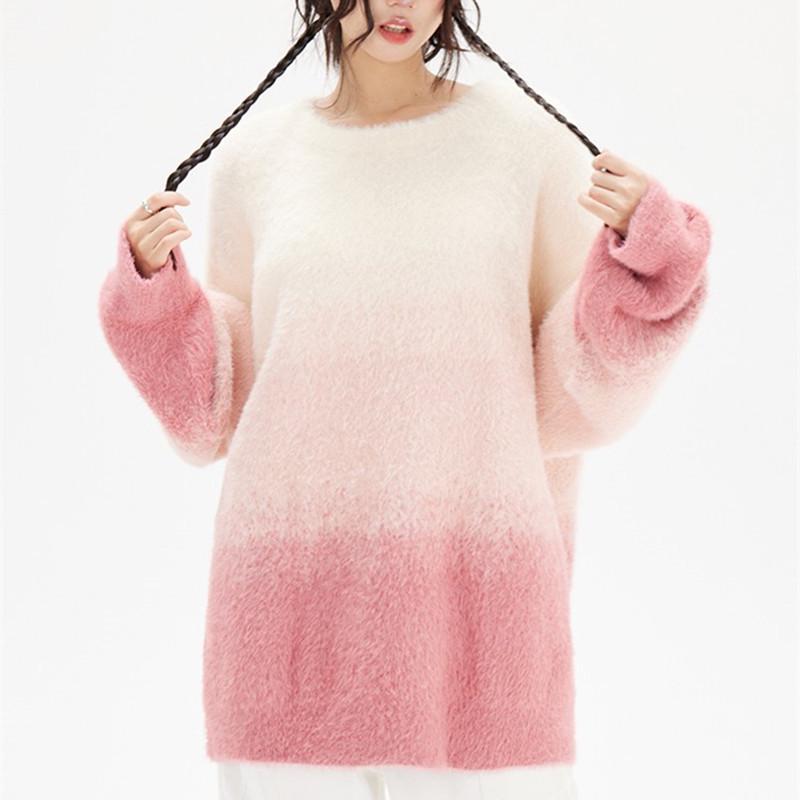 

Мягкий свободный пуловер градиентного цвета 2024: Вязаный свитер с круглым вырезом для женщин - Осенне-зимний стиль M розовый