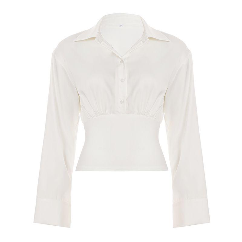 

H Home European and American Women s Clothing Normcore Doctrine Pure Color Waisted Long-Sleeved Shirt Female Ins Fancy Breasted Polo Collar Top White S