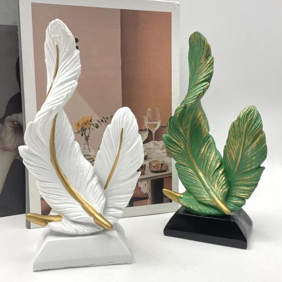 Artistic Feather Statue Modern Green White Feather Shape Resin Figurine Sculpture Home Office Desktop Decoration Ornament
