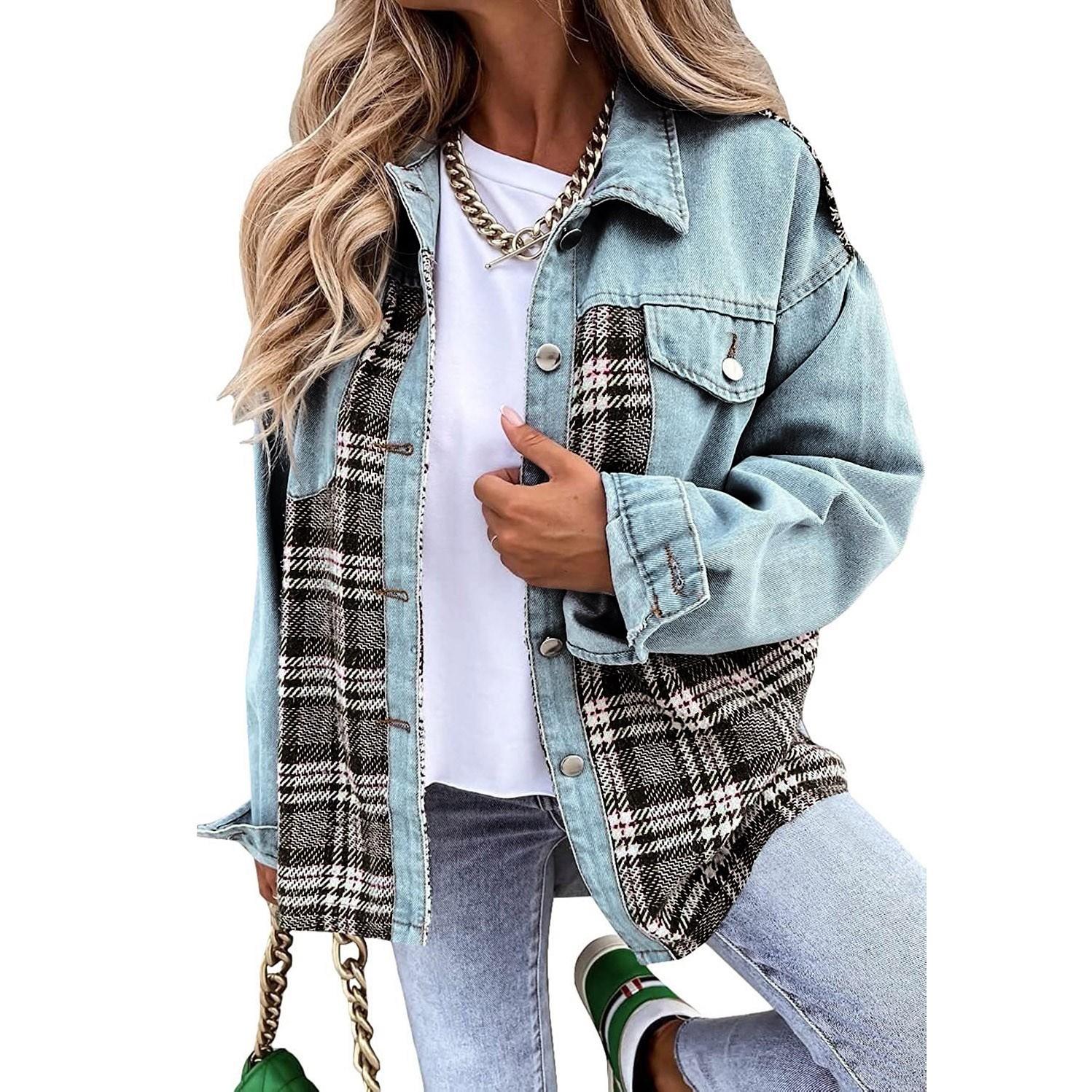 

Женская куртка Джинсовая куртка с длинным рукавом в клетку Рубашка на пуговицах Куртка Топ XXL