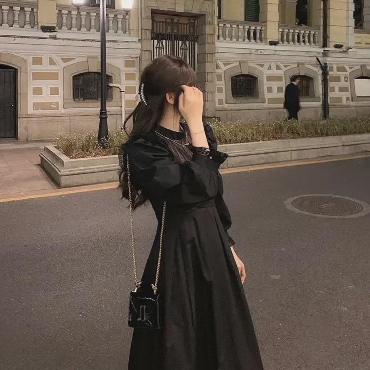 Women's 2025 Winter Korean Lantern Sleeve Lace Splicing Long Dress