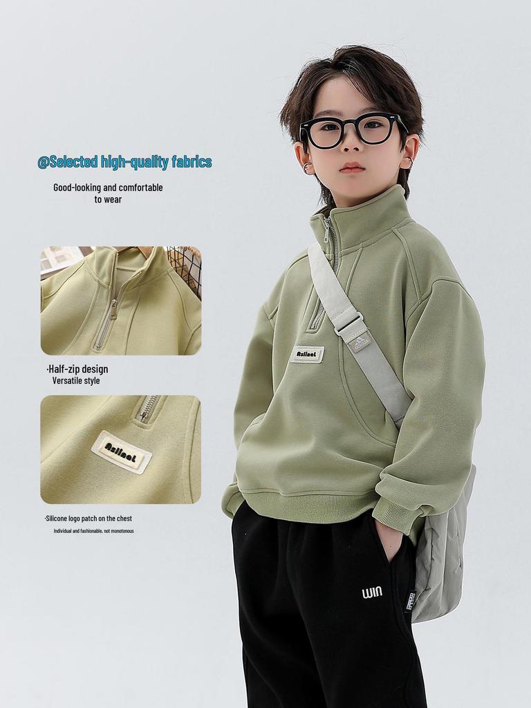 Boys' Fleece-Lined Half-Zip Sweatshirt: Trendy, Warm, Long-Sleeved Top for Autumn/Winter 2025