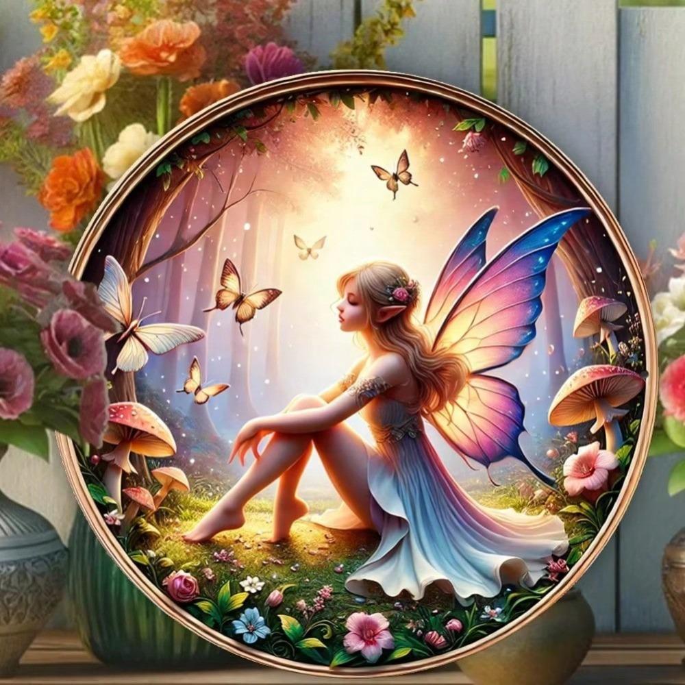 Enchanted Fairy Butterfly 8 Inch Round Metal Wall Art Weatherproof Sign Home Decor