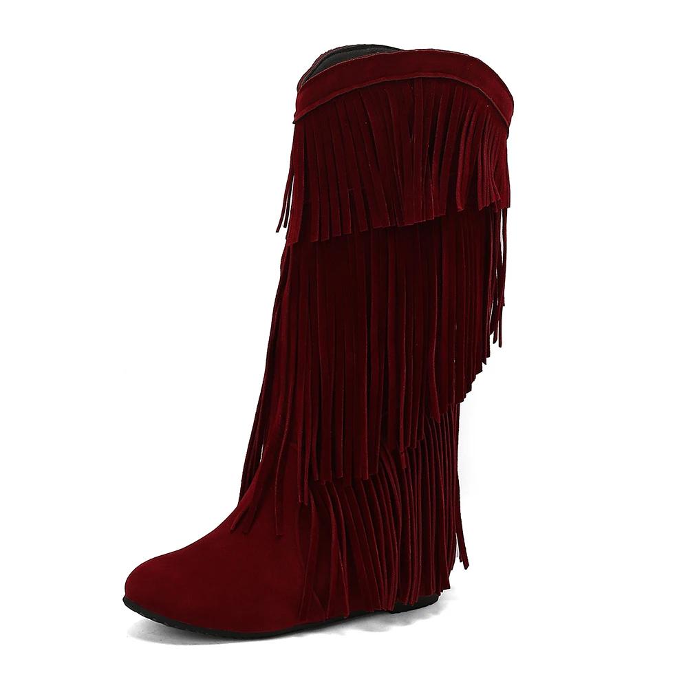 Women's Round Toe Wedges Boots Tassel Winter New Bohemian Flock Mid-calf Boot Female Warm Plush Lined Platform Knee High Boots