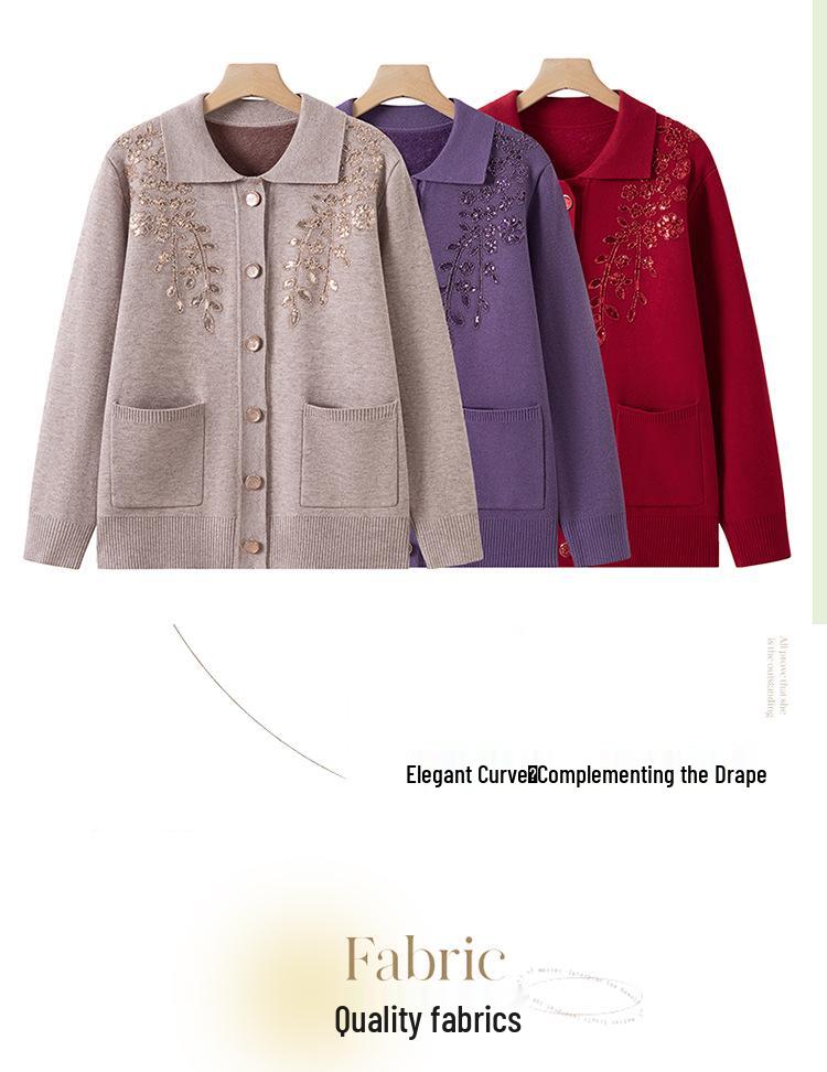 Grandma's Winter Knit Cardigan: Cozy Plus Velvet Sweater for Middle-Aged and Elderly Women