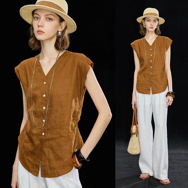 Women s French V-Neck 100% Linen Sleeveless Vest Top M