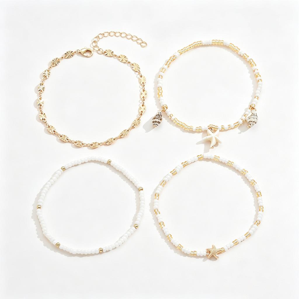 4PCS Layered Stackable Starfish Shell Beaded Anklet Set Dainty Boho Summer Beach Vacation Jewelry for Women