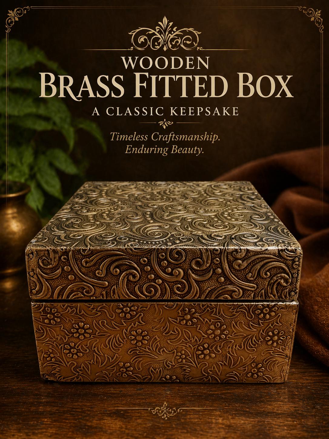 

Handmade Wooden Brass Fitted Box | Vintage Floral Embossed Jewelry Storage | Keepsake Trinket Box 3.7 x 6 x 6 (h x l x w) approx. золотистий