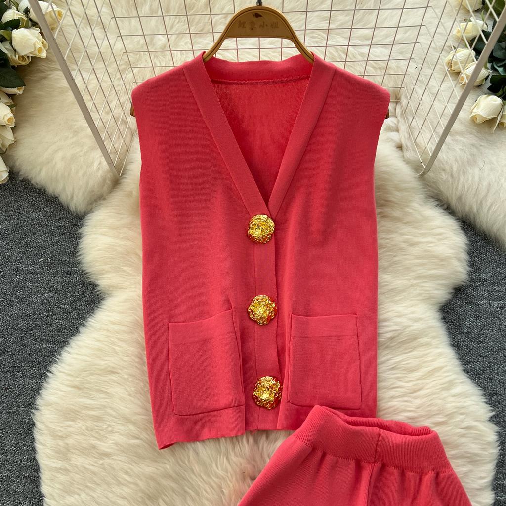 Summer Women Knitted Sweater Tracksuit Sleeveless Big Gold Button Tank Vest Tops and Wide Leg Pant Two Piece Set