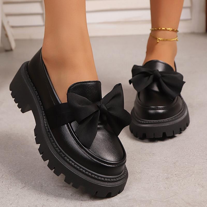 Fashion Bowknot Platform Loafers Women 2025 British Style Thick Bottom Pu Leather Shoes Woman Comfortable Slip On Flats Plus Size 35-42