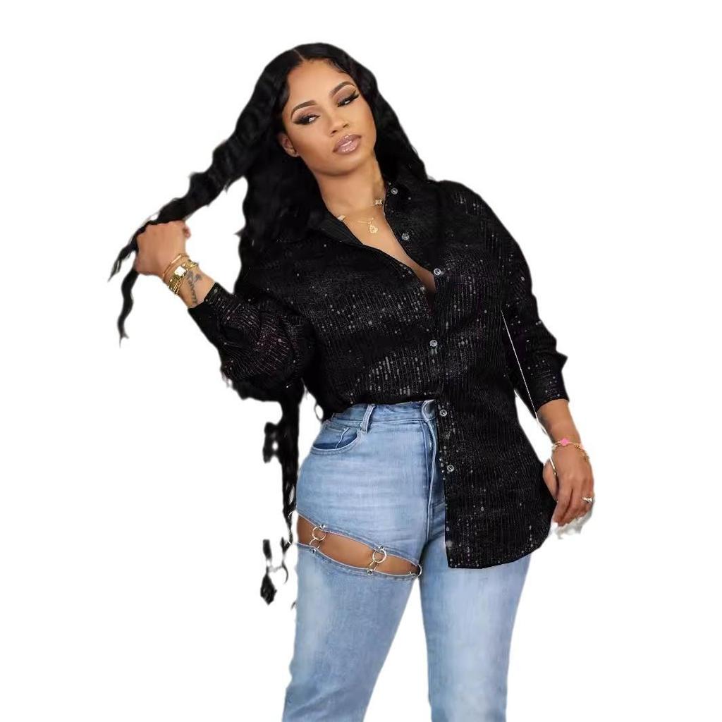 Autumn/Winter Versatile Suede Lapel Shirt with Sequins and Beads