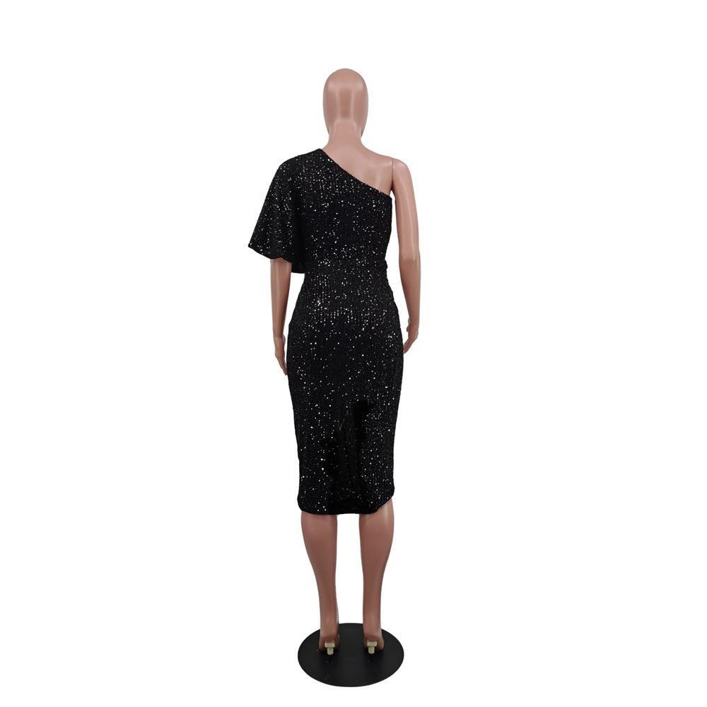 Solid Colour Evening Dress Sequins Strapless Sexy Elegant Mid-waist Women's Dress