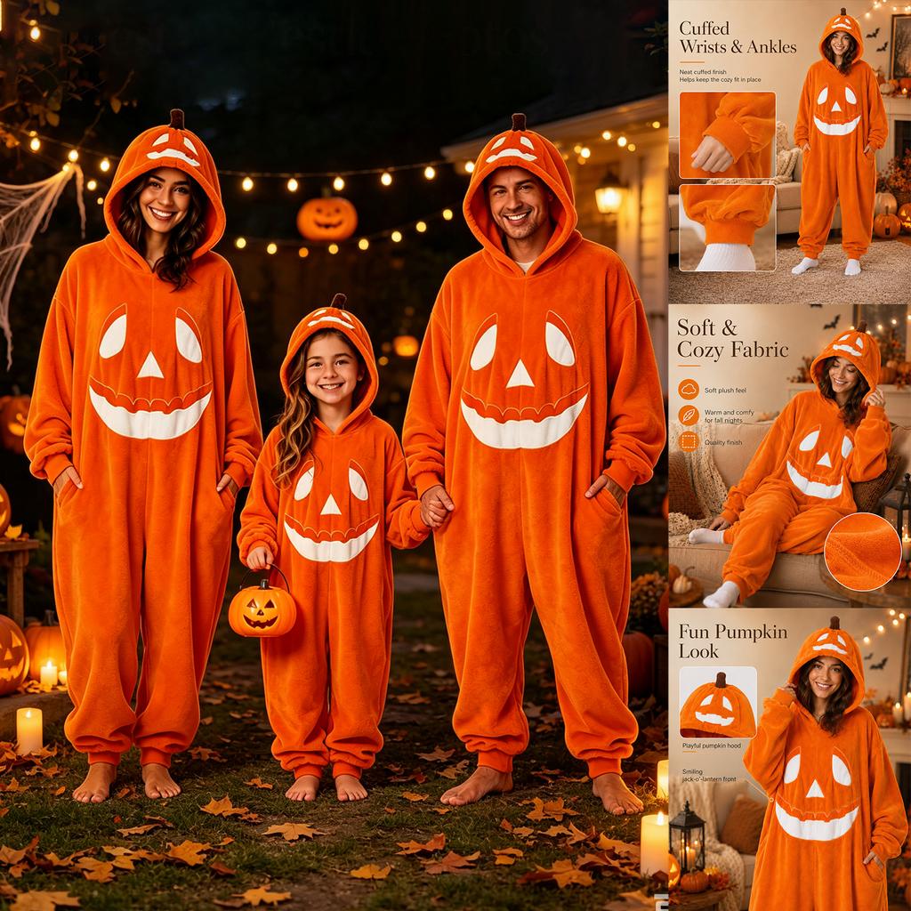 Set Pigiama di Famiglia Coordinato per Halloween con Stampa di Zucca, Maglia a Maniche Lunghe e Pantaloni