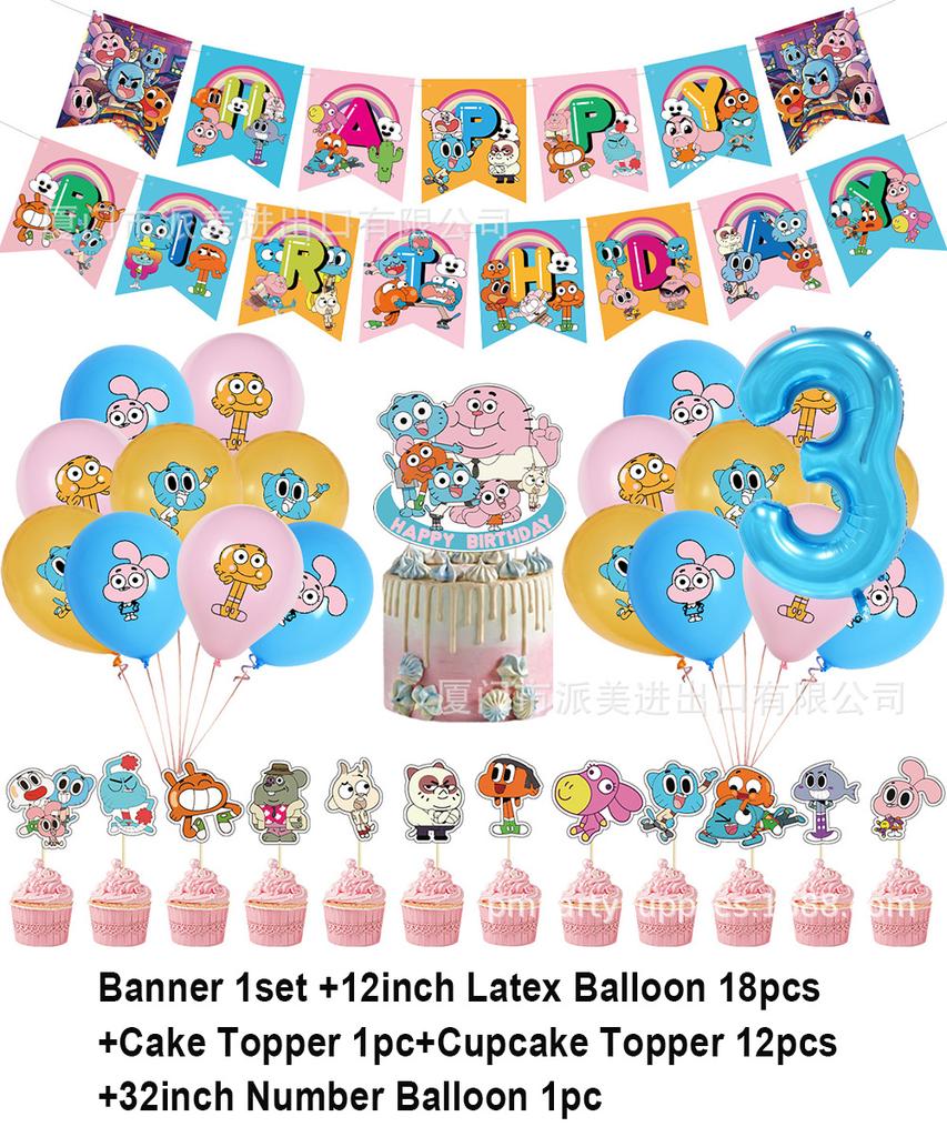 Cartoon Amazing World Birthday Party Decorations Gum&balles Balloon Banner Cake Topper Rabbit Cat Anime Backdrop Kid Favor Gift