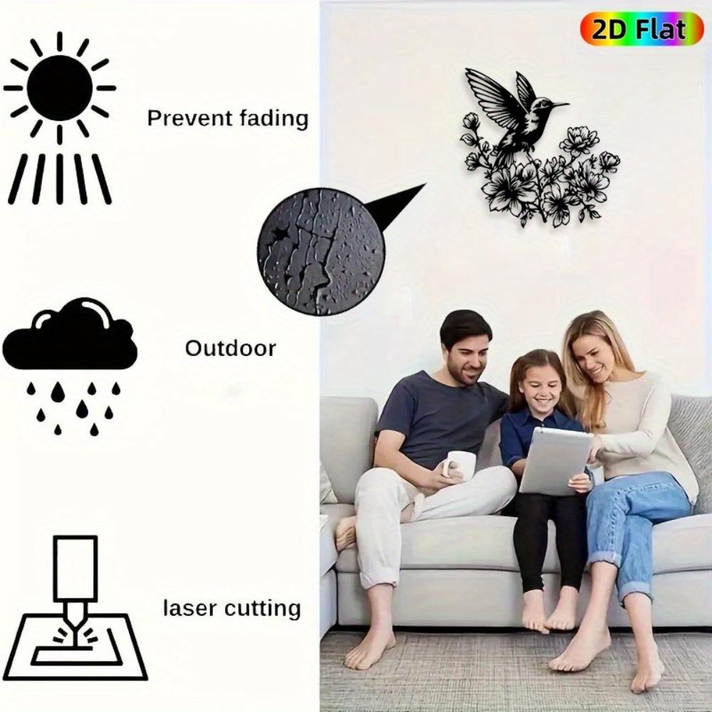 1pc Vintage Metal Hummingbird Wall Art, Iron Garden Sculpture Indoor Outdoor, 3D Bird Flower Decor for Fence Living Room, Weatherproof Nature Gift