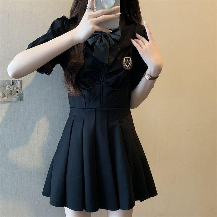Plus Size Fishbone A-Line Strap Skirt and College Style Shirt Set - Slimming JK Design