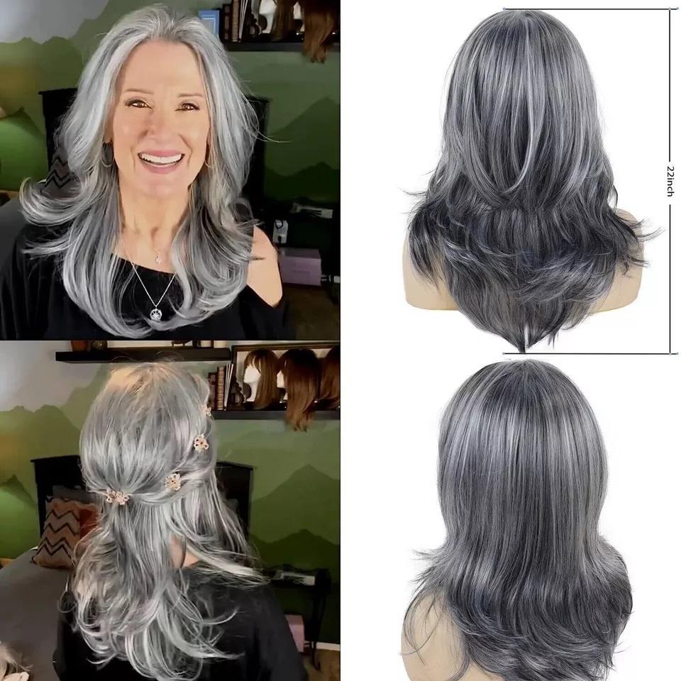 Silvery Gray Ombre Layered Wigs with Curtain Bangs for Women Synthetic Short Light Grey Wig Layered Gray Wavy Bob Wig Highlight