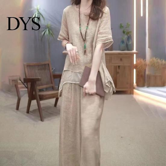 Blouse Pants Set 2 Pcs/Set Women Top Round Neck Half Sleeves Irregular Hem Dating Outfit Wide Leg Elastic Waist Trousers Daily Leisure Pantsuit