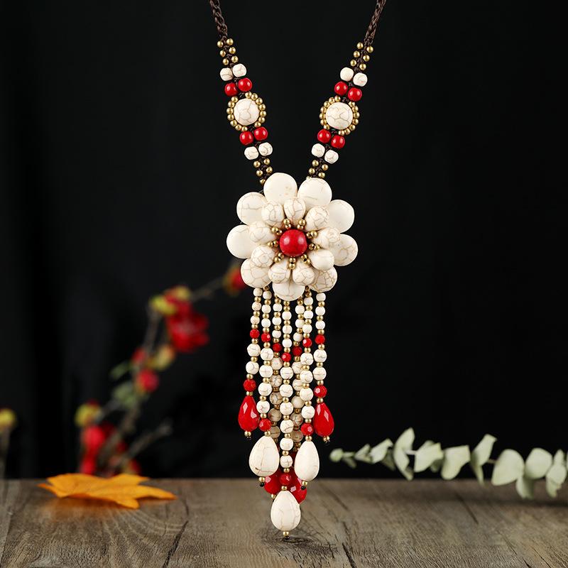 

Юньнаньское ретро бирюзовое цветочное длинное ожерелье универсальная бахромчатая цепочка для свитера персонализированные аксессуары для отпуска