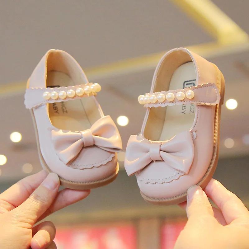 Toddlers Girls Leather Shoes Little Kids Casual Flats Princess Sweet with Pearls Beading Bow-knot 2024 Dress Party Shoes Soft