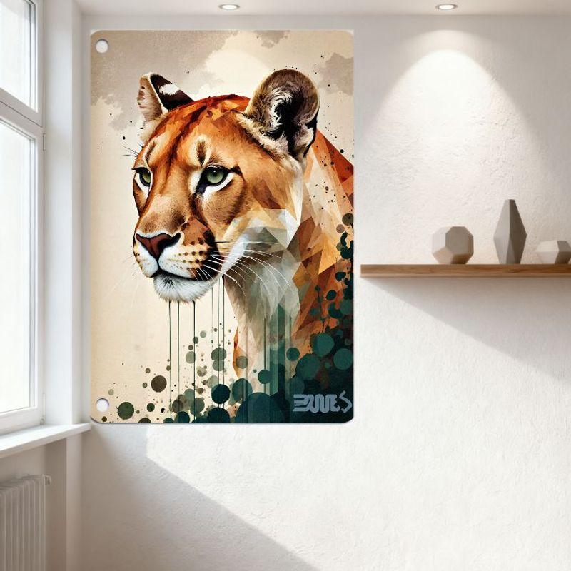 Modern Geometric Lioness Metal Tin Sign, Warm Tones Abstract Animal Wall Decor, Green Eyes, Polygonal Art for Home Club Cafe Bar