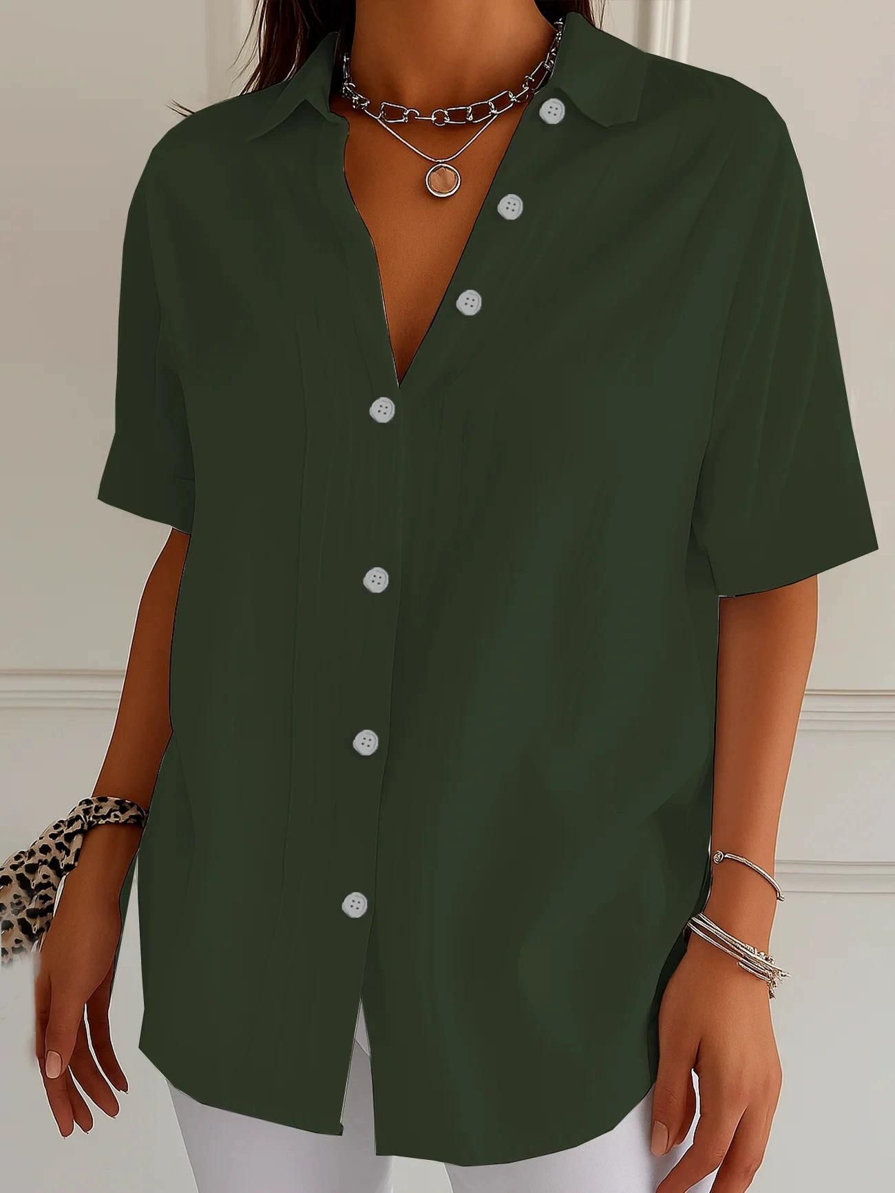 

2026 Women s Casual Solid Color Pleated Lapel Short-Sleeve Shirt - European & American Style Hot Seller 2X Large зелений