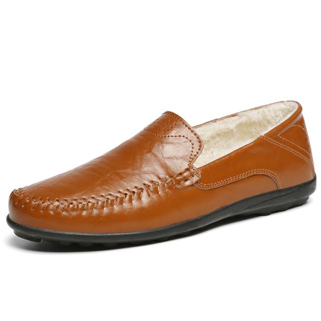 Premium Black Leather Men's Slip-On Loafers with Warm Lining - Autumn Winter Comfort for European Men | Big Sizes 44-47
