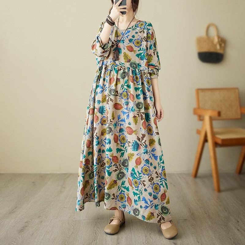 Plus Size Květinové Boho Bavlněné Lněné Cestovní Šaty Volné Velké Vintage Sváteční Dlouhé Šaty