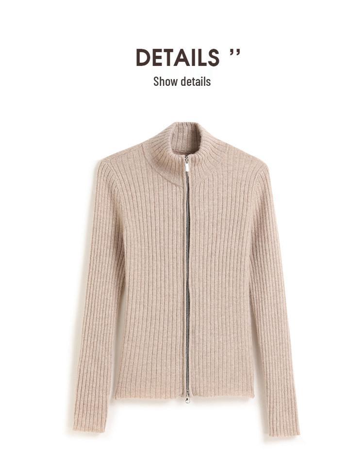 Women's Korean Style Cashmere Stand Collar Zipper Cardigan - Striped Slimming Knitwear for Autumn Winter