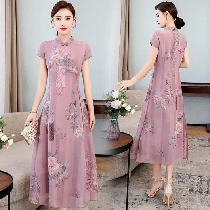 Verbessertes Cheongsam-Kleid Damen Sommer Slim-Fit Qi-Taschenrock Neuer chinesischer Stil Kurzärmelrock Sommer