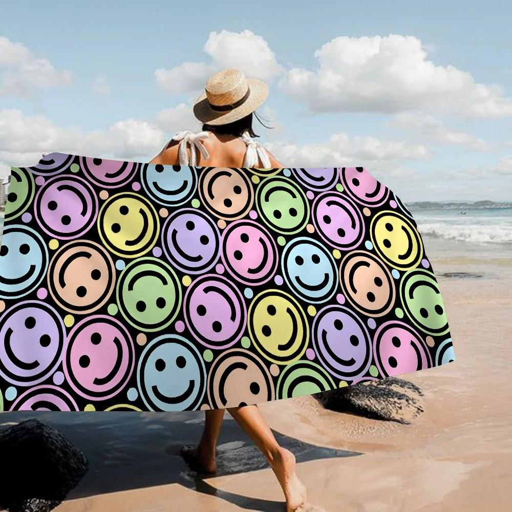 Black Background Pastel Smiley Faces Beach Towel, Sand‑Proof Lightweight Towel For Retro And Y2K Style Lovers 50x100cm