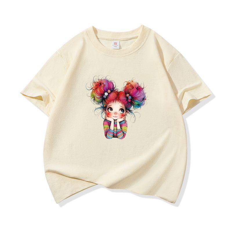 Kids Cotton T Shirt Cheerful Rainbow Hair Girl Graphic Print Crew Neck Short Sleeve Tee Casual Boys Girls Summer Tops