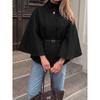 Women S Black Wool Blend Cape Coat Stand Collar Long Sleeve Loose Elegant