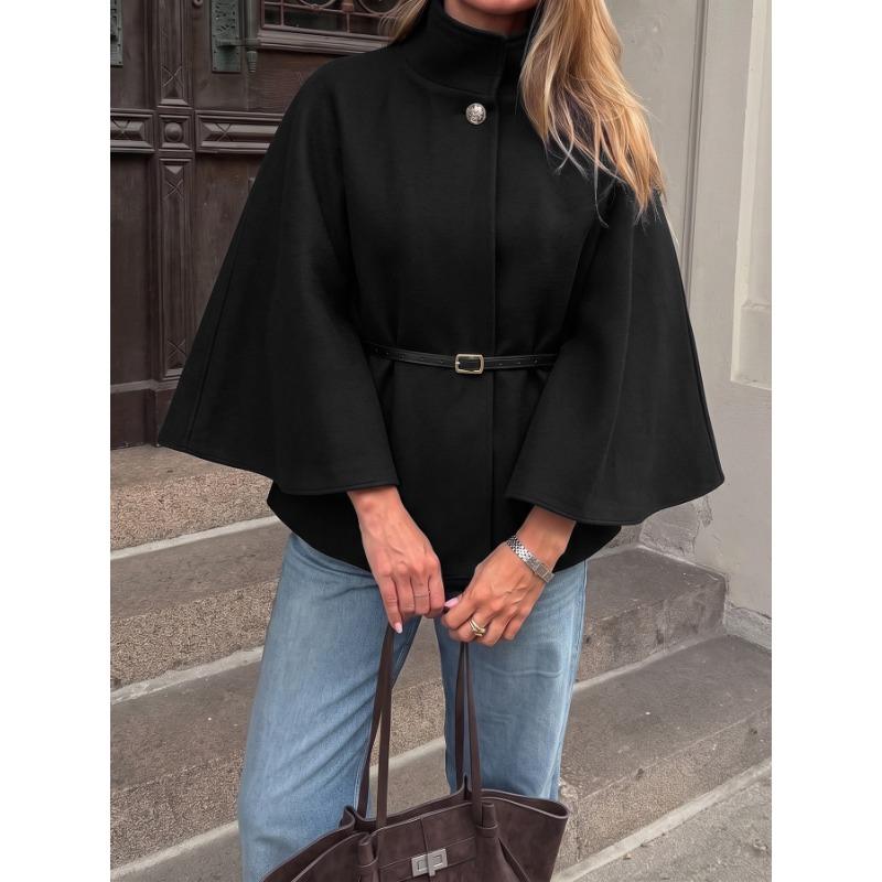 Women S Black Wool Blend Cape Coat Stand Collar Long Sleeve Loose Elegant