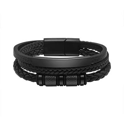 Black Multi Layers Leather Bracelet for Men,Metal Tube Charm Handmade Braided Rope Leather Bracelet,Gift for Husband Dad Son