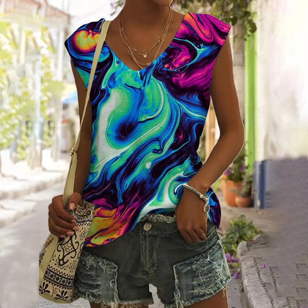 New Women T-shirt Flower Style 3d Tank Tops Stripe Camisole Women Fashion V-Neck Short Sleeve T shirt Lady Top Tees Female Vest