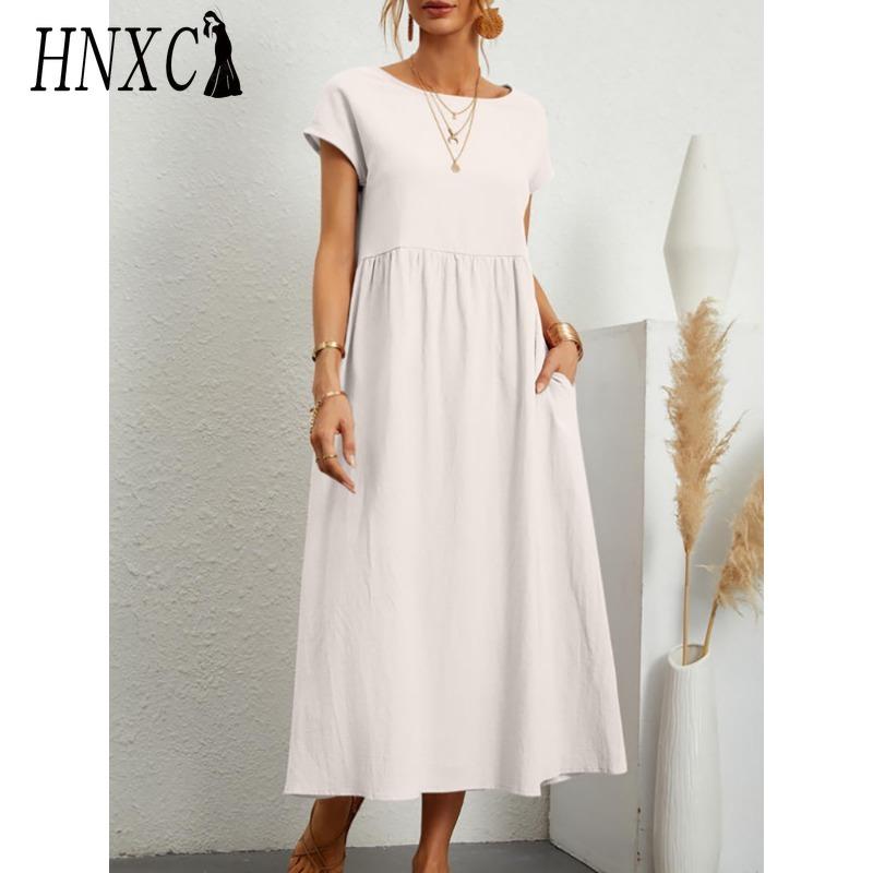 HNXC Kvinnemote Sommer Våren Ensfarget Print Kortermet O-hals Uformelle kjoler