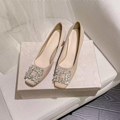 Fashion Spring New Square Heels for Women Fashion Square Head Shallow Mouth Crystal Buckle Anti-slip Wear-resistant Single Shoes