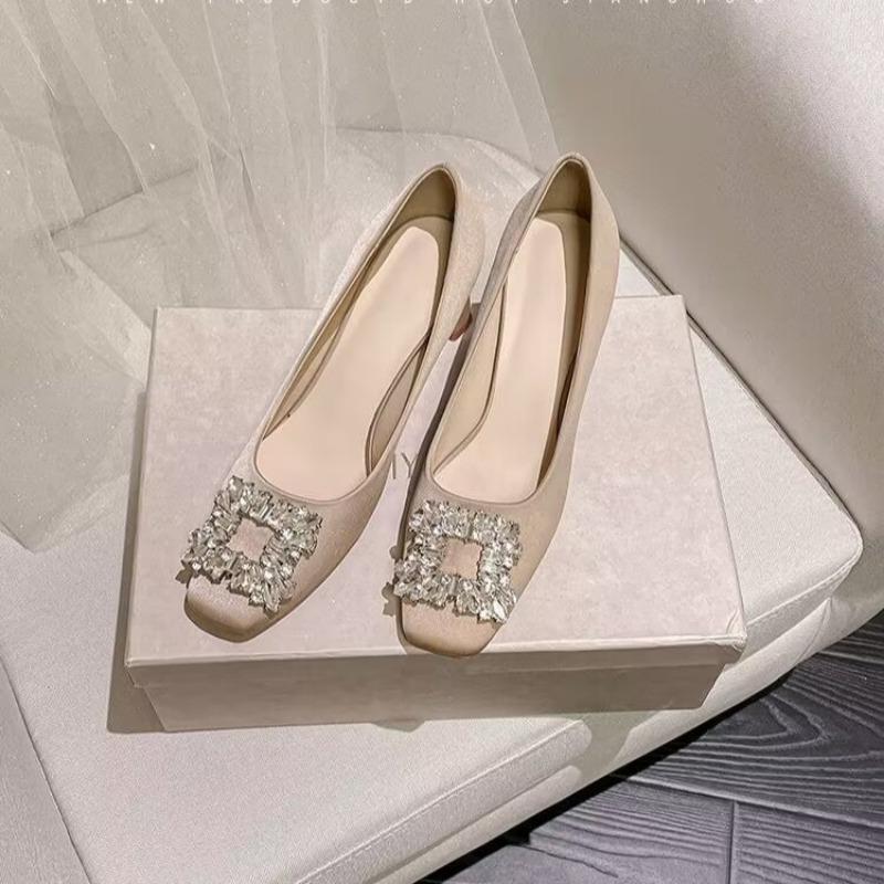 Fashion Spring New Square Heels for Women Fashion Square Head Shallow Mouth Crystal Buckle Anti-slip Wear-resistant Single Shoes