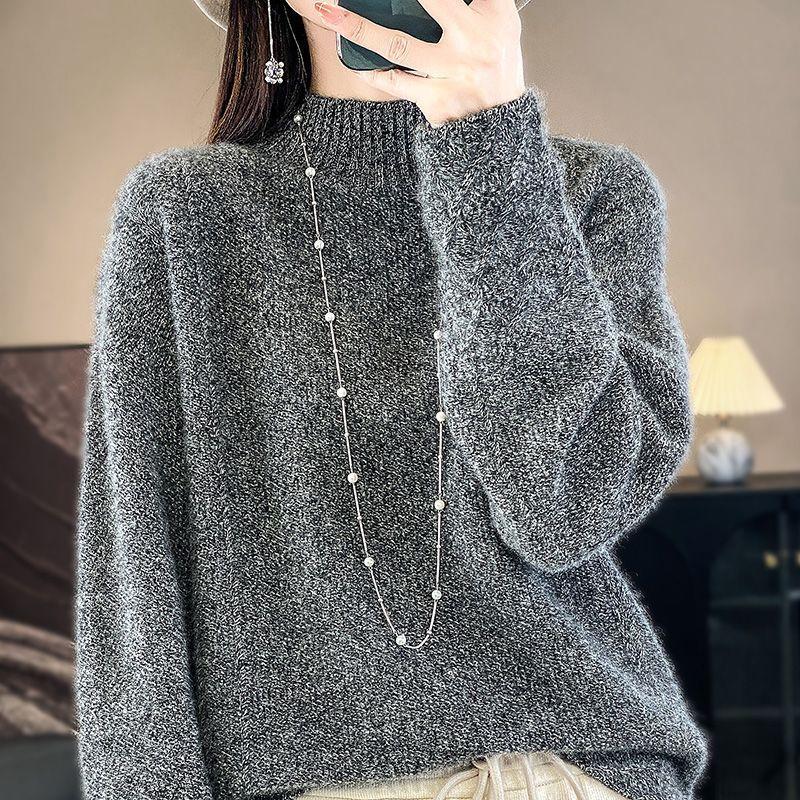Women's Clothing Solid Color Pullover Long Sleeve Sweater Knitted Elegant Casual Autumn Winter Half High Collar Office Lady Tops