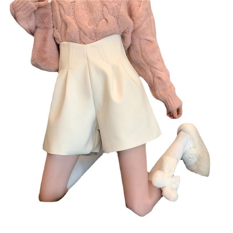 Women's Woolen Wide-Leg Shorts - High Waist, A-Line Black Casual Boots Pants for Spring and Autumn 2024