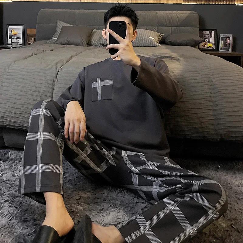 Baumwolle Herren Pullover Nachtwäsche Herbst Frühling Langarm Nachtwäsche 2 Stück Pyjamas Set Männlich
