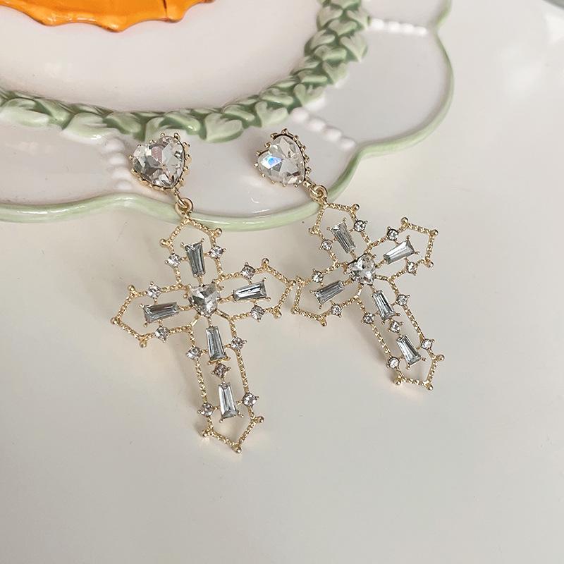 

S925 Silver Cross Hollow Earrings with Inlaid Diamonds