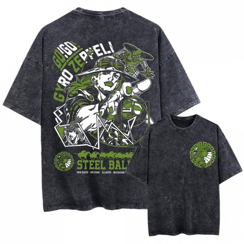 Unisex Steel Ball Race Anime Manga Vintage Washed Loose Black T-shirt with JoJo Design