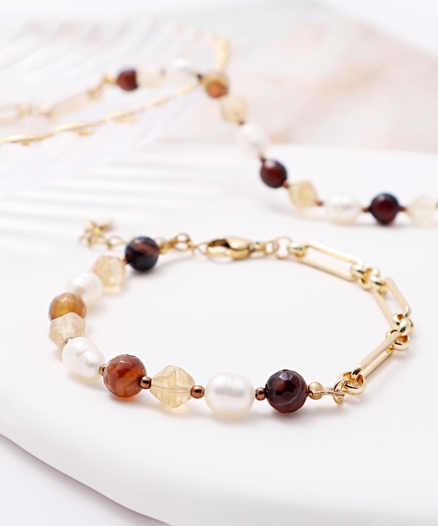 Polalita Gold Chain & Brown Stone Mix Pearl Bracelet (Plt-Br-112_Gd)